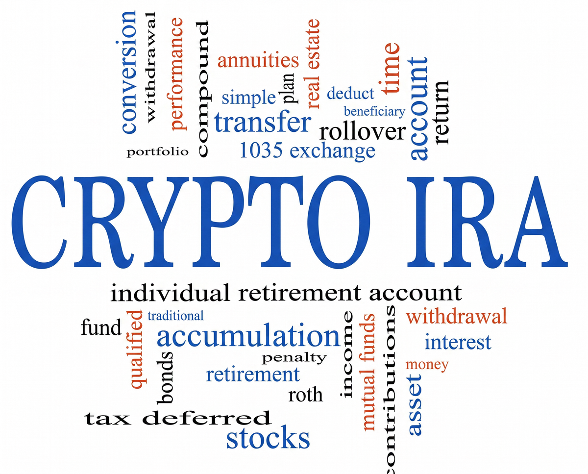 Crypto IRA word cloud: individual retirement account, rollover, transfer, tax deferred