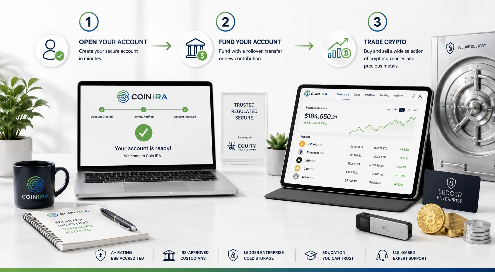 Three steps to get started: open your account, fund your account, and trade crypto with Coin IRA