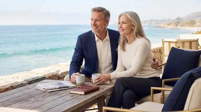 Retired couple having coffee at a seaside table overlooking the ocean
