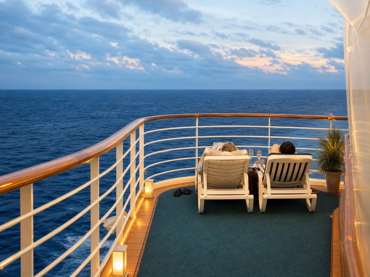 Couple enjoying the view from a yacht deck at sunset