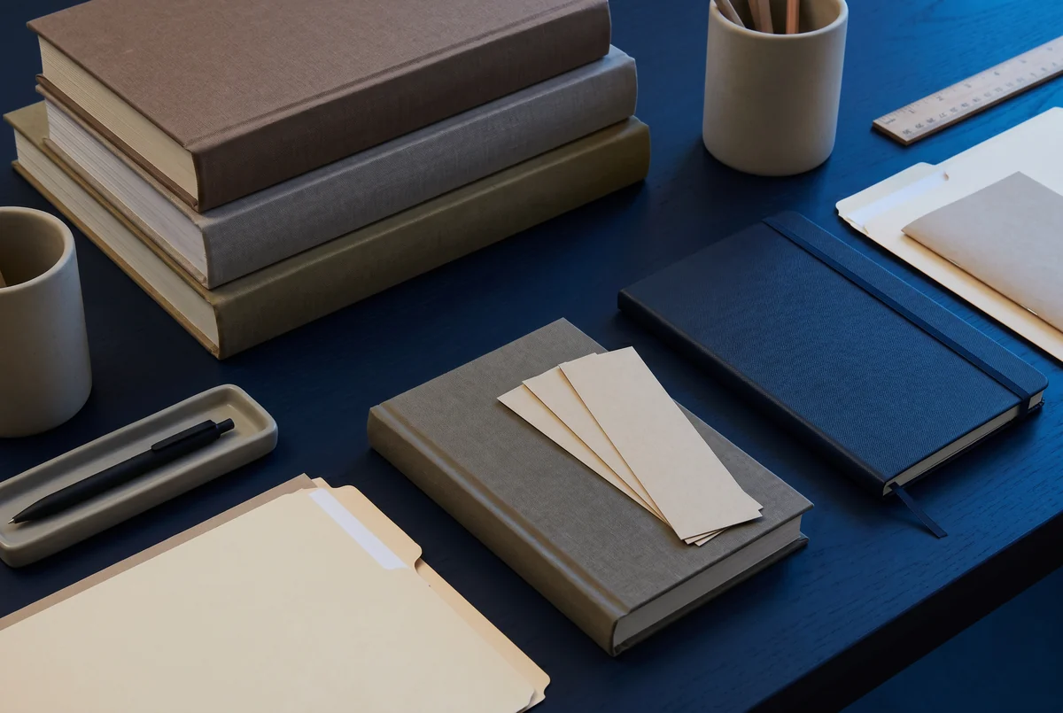 Reference books and financial glossary workspace